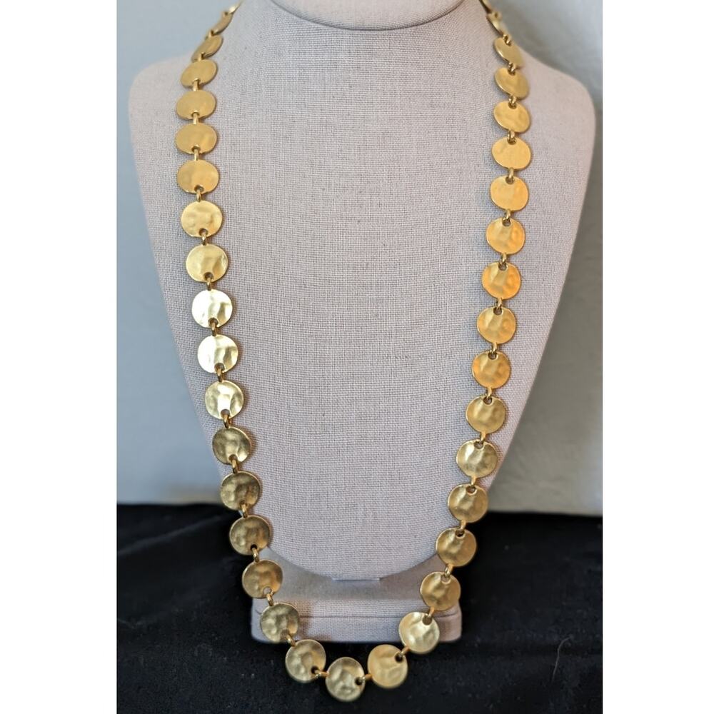Premier Designs Satin Finish Gold Tone Hammered Disk Chain 28" Long Necklace